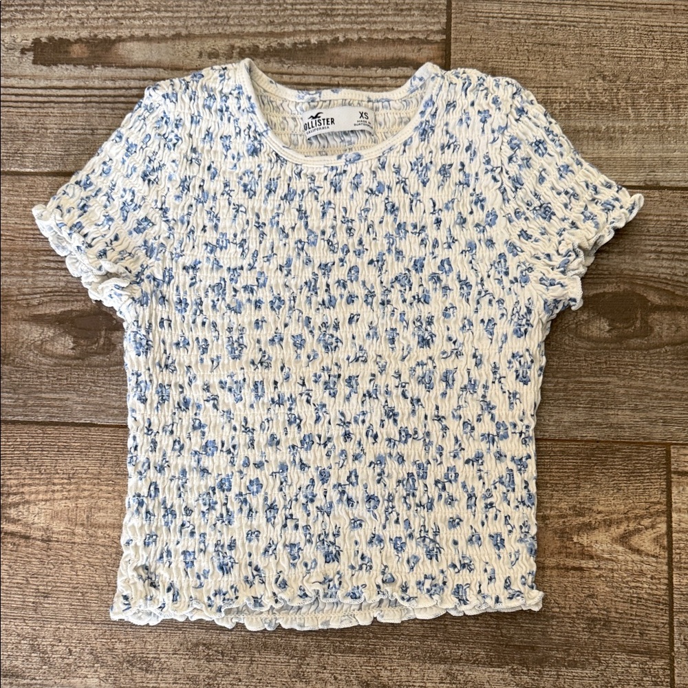 Hollister White Tee with Blue Floral Smocking